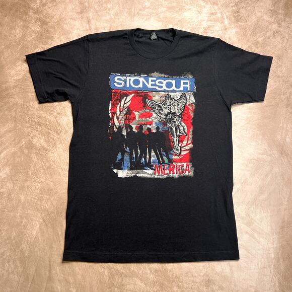 Stone Sour 'Merica American Flag Angel T-Shirt Black Short Sleeve Punk Band Tee - Picture 1 of 6